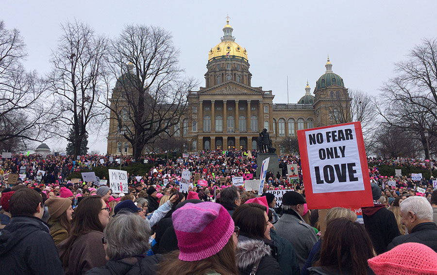 At the Iowa Womens March in Des Moines on Satuday, January 21. This sign really stood out to me. The people are getting ready to march by listening to speakers in front of the Capitol Building.