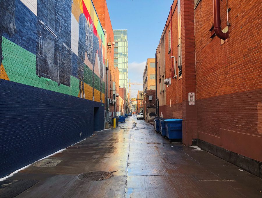 An empty alleyway features graffiti art and a full-size mural of a cowboy and his horse on the side of a building wall. Iowa City is big on public art and has recently announced a new mural program that pays local artists to “transform otherwise forgettable walls into community assets.”-- Thomas Agran. The murals will be finished in the summer of 2018.